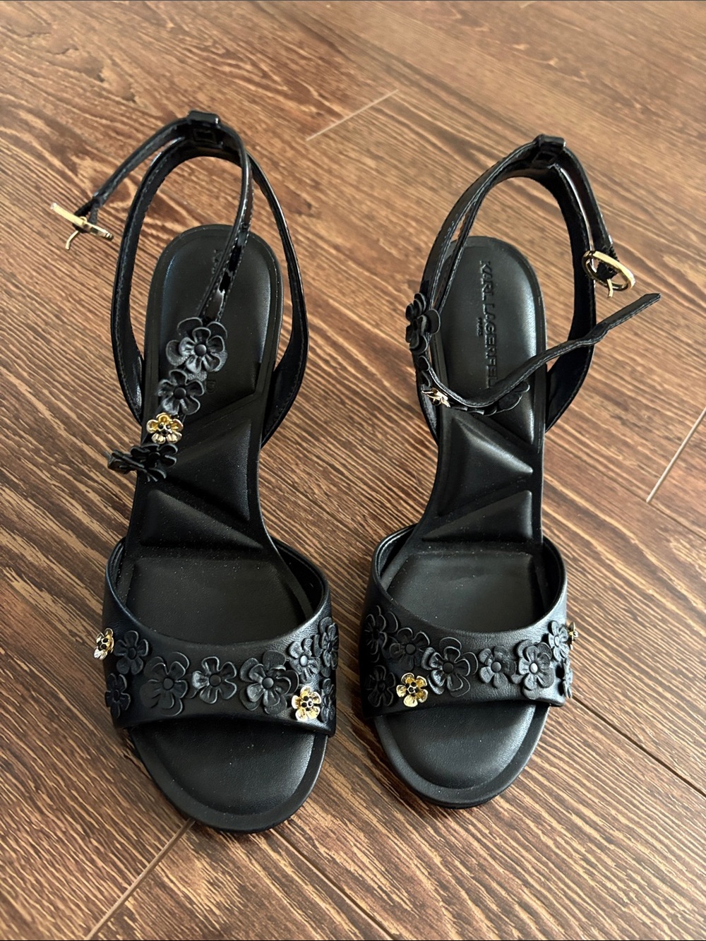 Karl Lagerfeld Black Floral Appliqué Ankle-Strap Heels